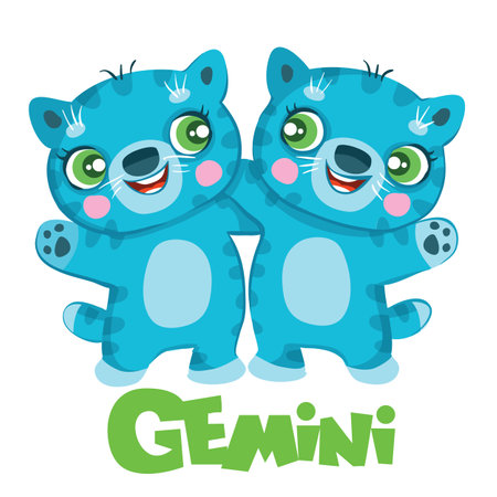 Gemini zodiac sign, two identical blue cats, year of the cat, isolated object on white background, cartoon illustration, vector, epsのイラスト素材