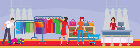 people walk in a store among goods and choose their clothes, flat, isolated object on a white background, vector illustration, epsのイラスト素材