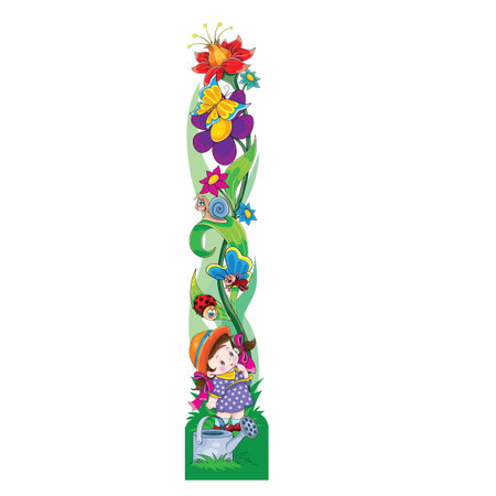 a girl with a watering can stand among large flowers on which funny insects crawl, cartoon, vector, epsのイラスト素材