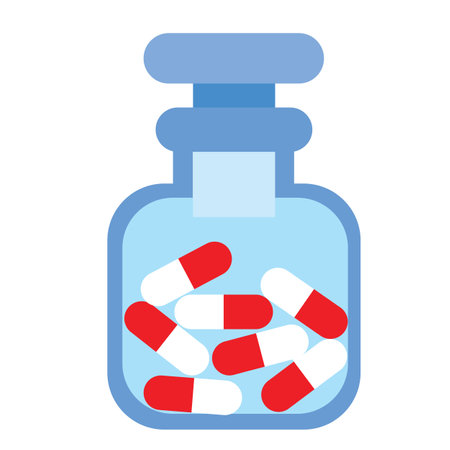The image shows a graphic representation of a blue medicine bottle with a white cap containing red and white capsules. The design is simple and uses flat colors without shadows. This image may be relevant to topics related to medicine, healthcare, pharmaceuticals, or drug discussions.のイラスト素材