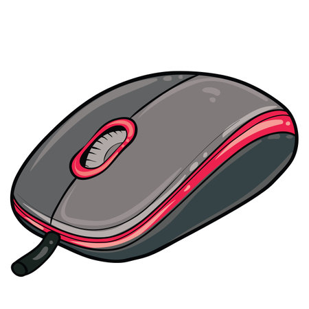An image of a computer mouse. It has a cord, indicating that it is a wired mouse. The design includes two main buttons and a scroll wheel. The color scheme includes shades of gray with red accents around the scroll wheel and on the bottom edge.のイラスト素材