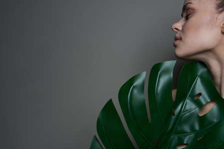 attractive woman clean skin palm leaf health cosmeticsの写真素材
