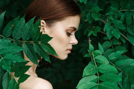 attractive woman Cosmetology nature green leaves glamor Lifestyleの写真素材