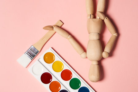 acrylic paints paint brushes art items abstract paper view from aboveの写真素材