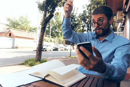 business man summer cafe documents work communication