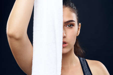 sportive woman workout towel gym health exerciseの写真素材