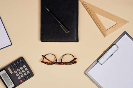 office supplies calculator glasses items business toolsの写真素材