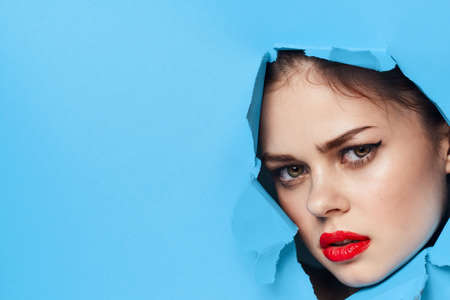 female face red lips posing portrait glamorの写真素材