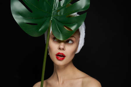 pretty woman with a towel on my head body careの写真素材