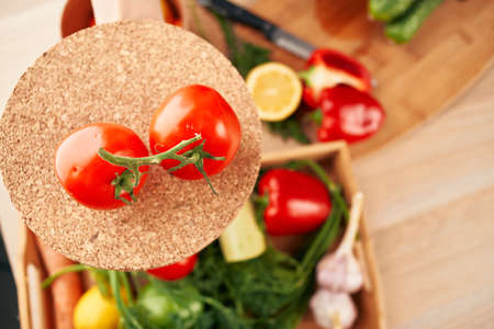 Ingredients slicing salad in the kitchen vitamins view from aboveの写真素材