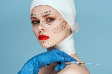 woman posing in blue gloves red lips surgery facial rejuvenation close-up