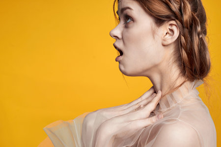 beautiful woman gesture hands cosmetics fashion hairstyle posing isolated background