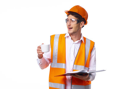 man in work uniform orange helmet safety professional work