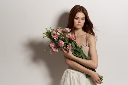 pretty woman pink flower bouquet fashion summer Studio Modelの写真素材