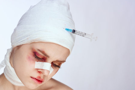 portrait of a woman health problem injury face injection light background