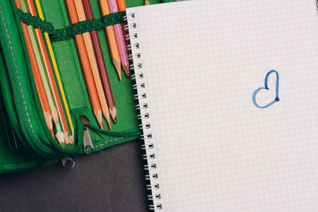 green pencil case with pencils design object school suppliesの写真素材