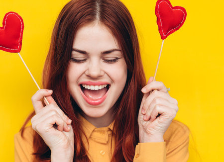 pretty woman in yellow shirt glamor romance posing