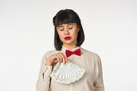 rich woman with money in hands dollars finance