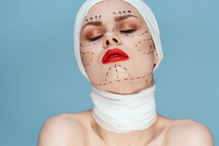 female patient Red lips plastic surgery operation bare shoulders isolated background