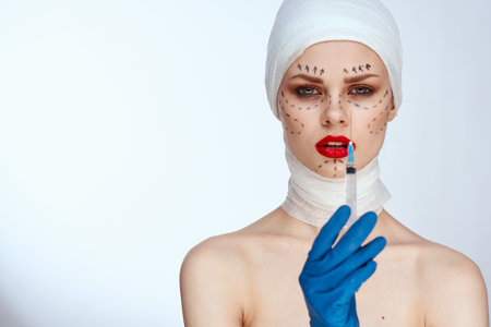 female patient Red lips plastic surgery operation bare shoulders studio lifestyle