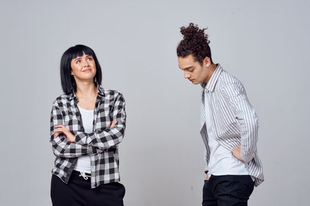 young couple modern clothes posing fun friendship