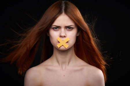 woman with bare shoulders taped mouth banned from diet