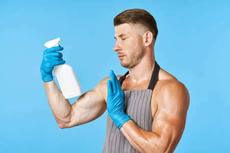 cleaner cleaning supplies service hygiene blue background houseworkの写真素材