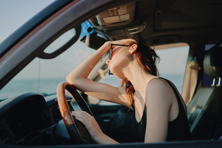 woman driving in car trip posing fashion travelの写真素材