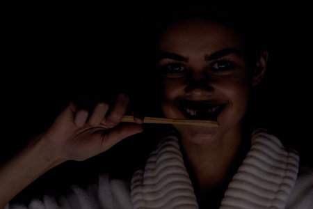 cheerful woman in white coat toothbrush dental health hygiene