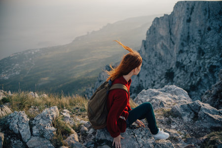 woman hiker mountains backpack travel fresh air