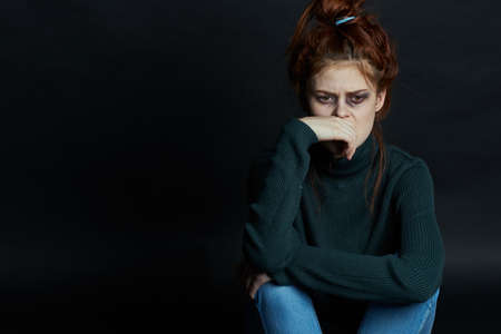 woman with bruises on her face problems domestic violence emotionsの写真素材