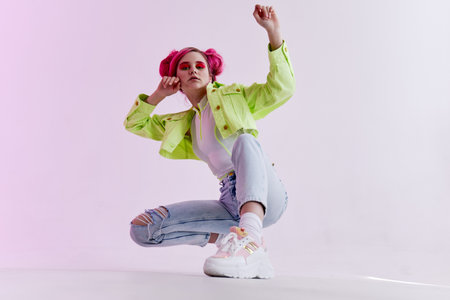 pretty woman bright makeup posing poster stylish clothing Acid style designの写真素材