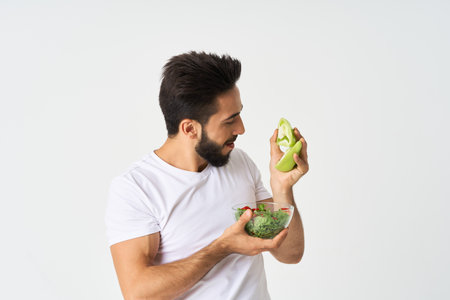 man in white t-shirt plate salad healthy food diet