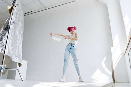 hipster woman with pink hair creative Acid style designの写真素材