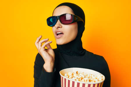 arab woman 3D glasses entertainment emotions ethnicity modelの写真素材
