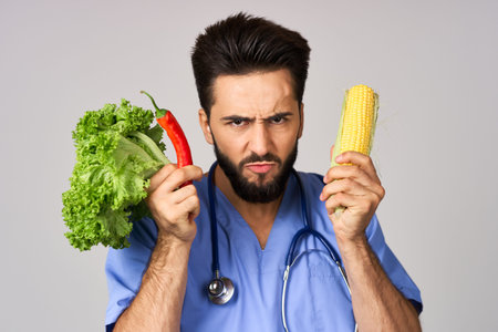 doctor nutritionist vegetables healthy food calories isolated background