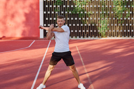 man in white t-shirt on the sports ground workout motivation