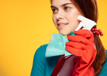 emotional cleaning lady rubber gloves house cleaning yellow background