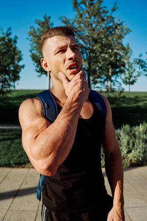 sporty man exercise fitness workout outdoors with dumbbellsの写真素材