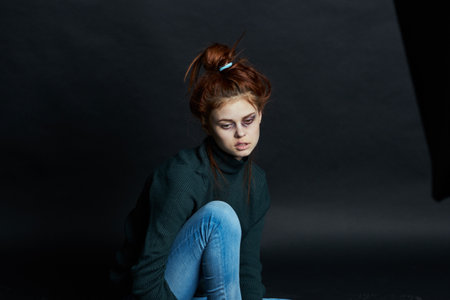 scared woman domestic violence beating abuseの写真素材