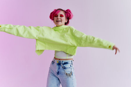 pretty woman with pink hair creative neon background