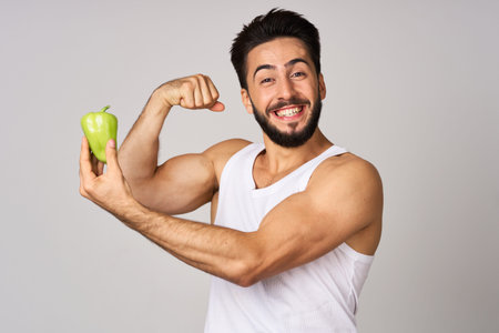 bearded man green pepper snack healthy food emotions