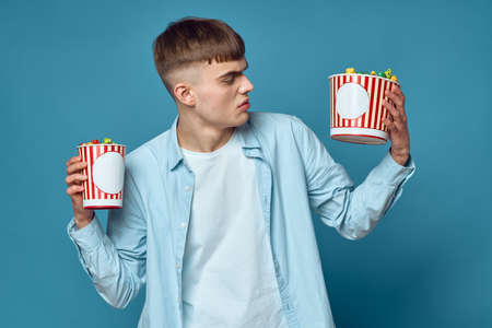 guy wearing virtual glasses technology entertainment popcornの写真素材