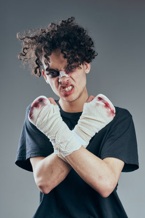 fighter with broken nose training boxing conflict aggression injuryの写真素材