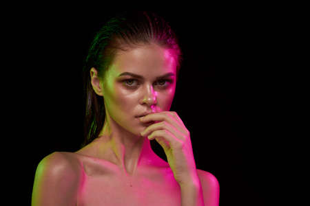 sexy woman hairstyle fashion naked shoulders makeup studio lifestyleの写真素材