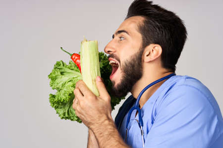 doctor nutritionist vegetables healthy food calories isolated backgroundの写真素材