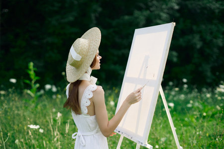 Woman in white dress in nature paints a picture of a landscape hobbyの写真素材