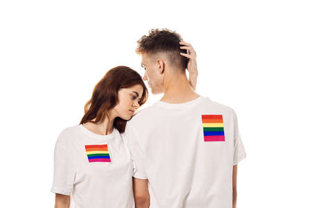 couple in white t-shirts Flag lgbt transgender sexual minoritiesの写真素材