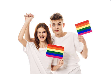 young couple lgbt Flag transgender lifestyle light backgroundの写真素材