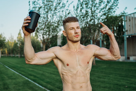 sports muscular man in the park healthy food fitness